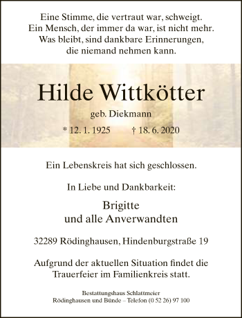 Traueranzeige von Hilde Wittkötter von Neue Westfälische