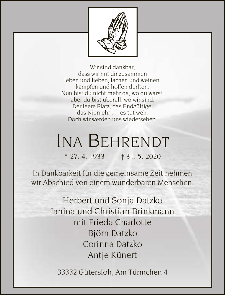 Traueranzeige für Ina Behrendt vom 13.06.2020 aus Neue Westfälische