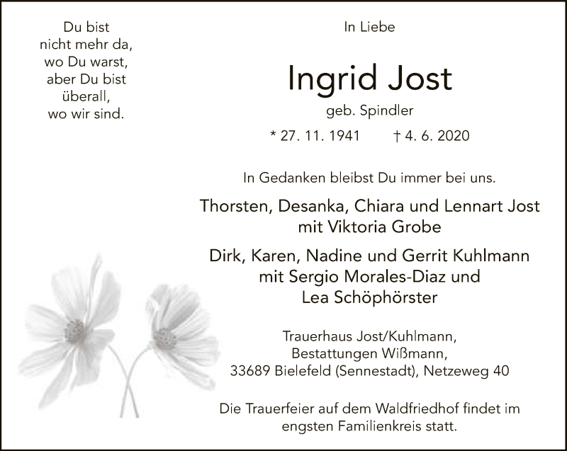  Traueranzeige für Ingrid Jost vom 09.06.2020 aus Neue Westfälische