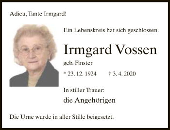 Traueranzeige von Irmgard Vossen von Neue Westfälische