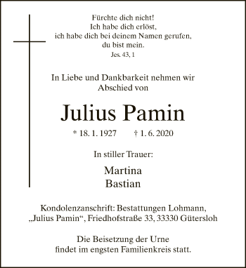 Traueranzeige von Julius Pamin von Neue Westfälische