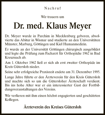 Traueranzeige von Klaus Meyer von Neue Westfälische