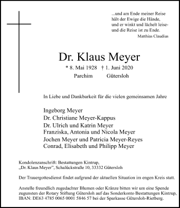 Traueranzeige von Klaus Meyer von Neue Westfälische