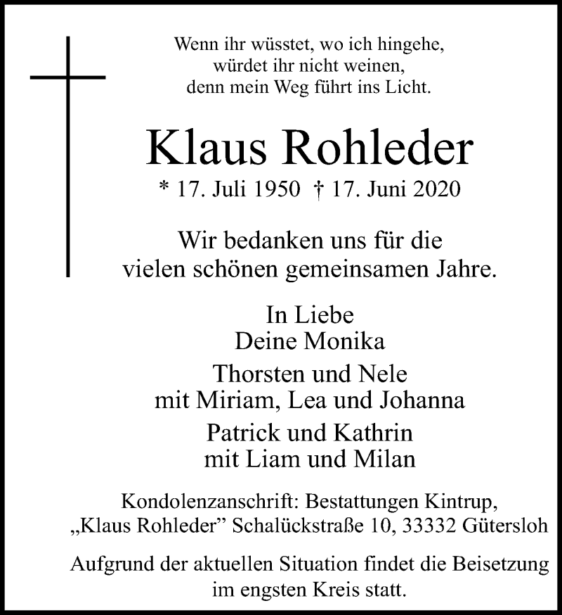  Traueranzeige für Klaus Rohleder vom 23.06.2020 aus Neue Westfälische
