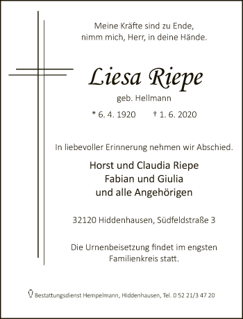 Traueranzeige von Liesa Riepe von Neue Westfälische