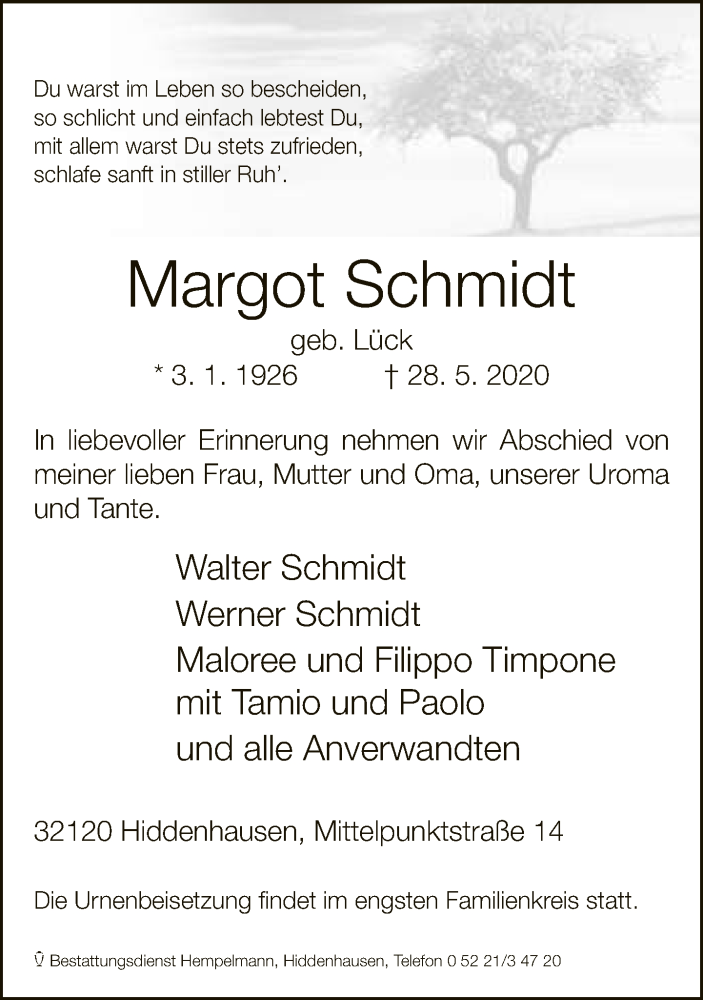  Traueranzeige für Margot Schmidt vom 03.06.2020 aus Neue Westfälische
