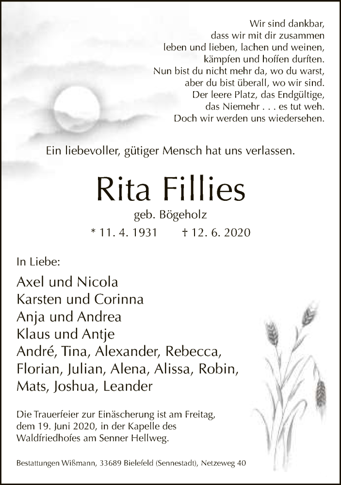  Traueranzeige für Rita Fillies vom 16.06.2020 aus Neue Westfälische