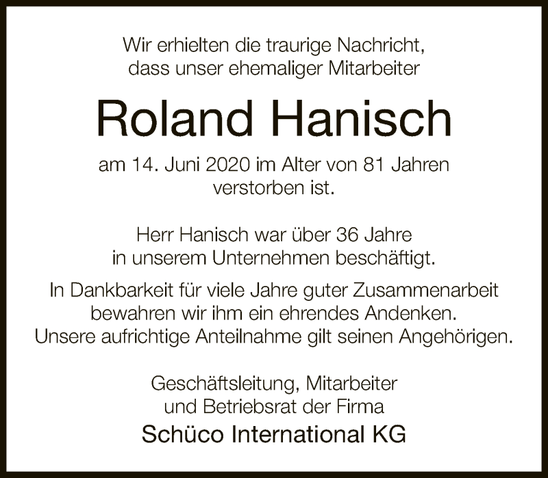  Traueranzeige für Roland Hanisch vom 20.06.2020 aus Neue Westfälische