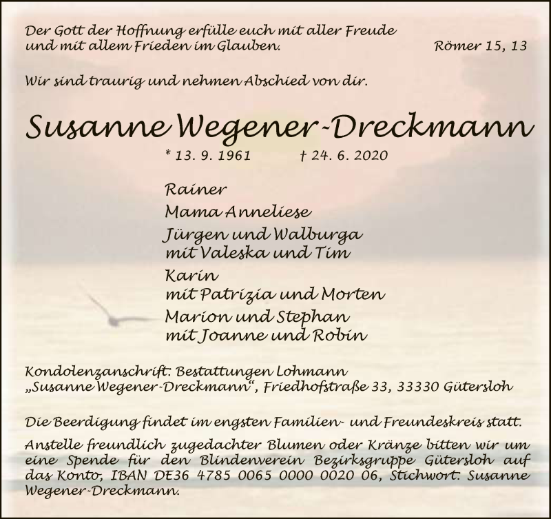  Traueranzeige für Susanne Wegener-Dreckmann vom 27.06.2020 aus Neue Westfälische