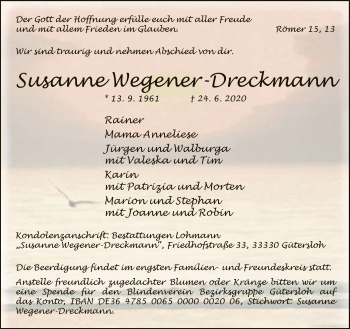 Traueranzeige von Susanne Wegener-Dreckmann von Neue Westfälische