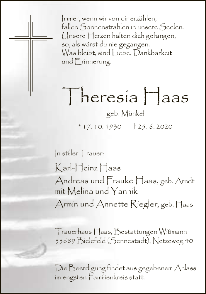 Traueranzeige für Theresia Haas vom 27.06.2020 aus Neue Westfälische