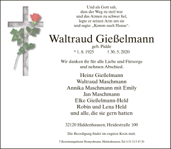 Traueranzeige von Waltraud Gießelmann von Neue Westfälische