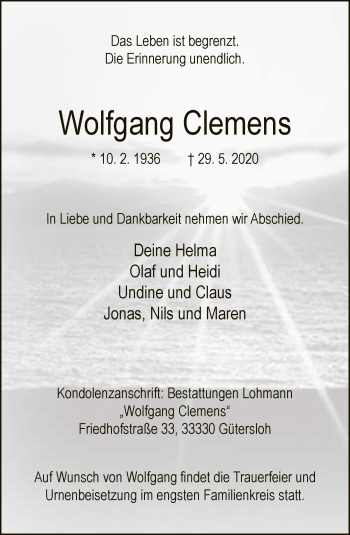 Traueranzeige von Wolfgang Clemens von Neue Westfälische