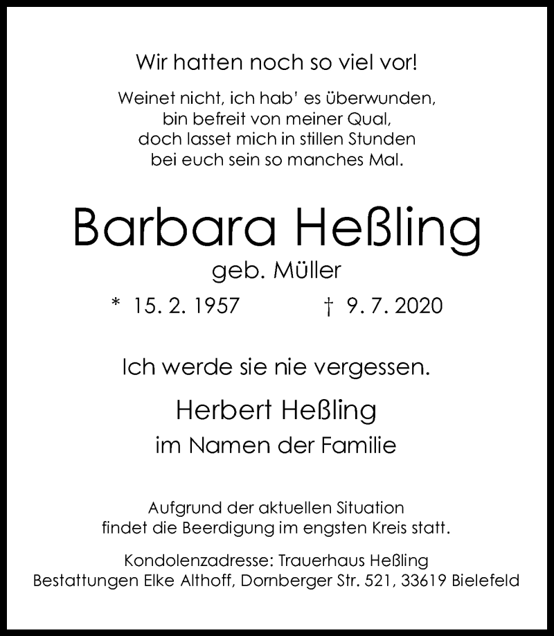  Traueranzeige für Barbara Heßling vom 11.07.2020 aus Neue Westfälische
