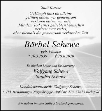 Traueranzeige von Bärbel Schewe von Neue Westfälische