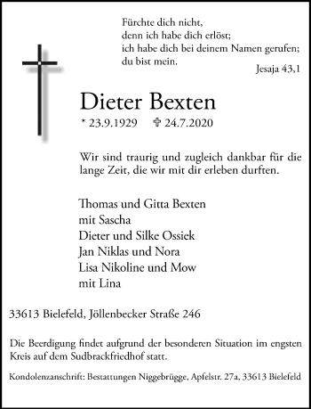 Traueranzeige von Dieter Bexten von Neue Westfälische