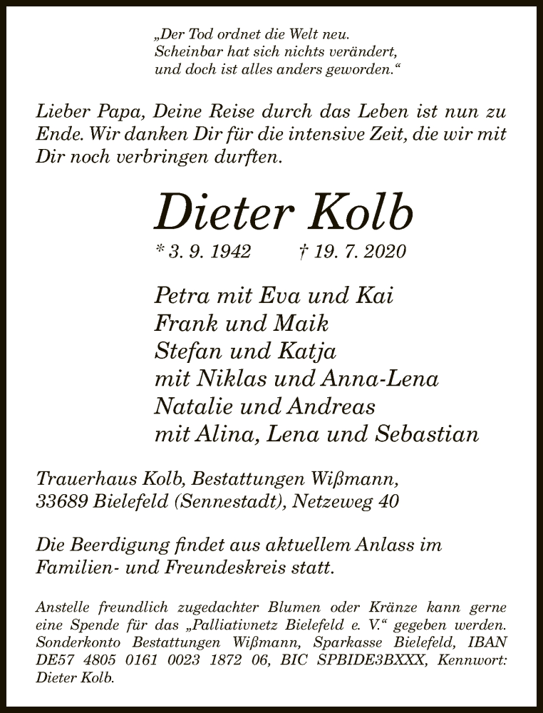  Traueranzeige für Dieter Kolb vom 22.07.2020 aus Neue Westfälische