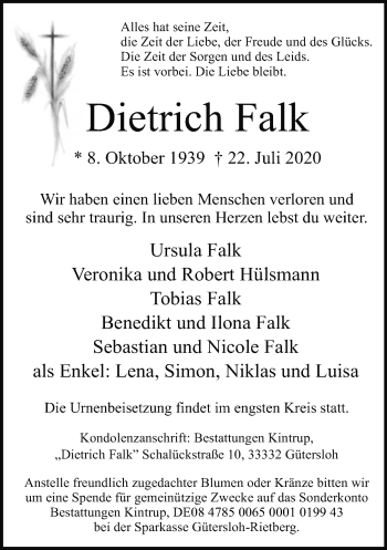 Traueranzeige von Dietrich Falk von Neue Westfälische