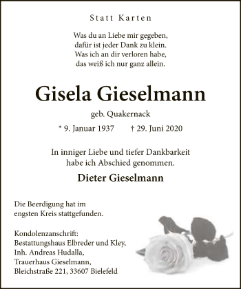 Traueranzeige von Gisela Gieselmann von Neue Westfälische