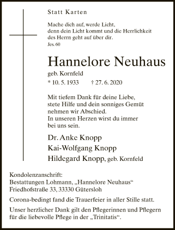 Traueranzeige von Hannelore Neuhaus von Neue Westfälische