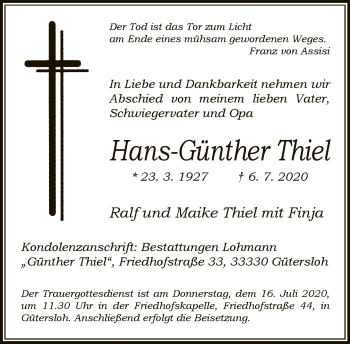 Traueranzeige von Hans-Günther Thiel von Neue Westfälische