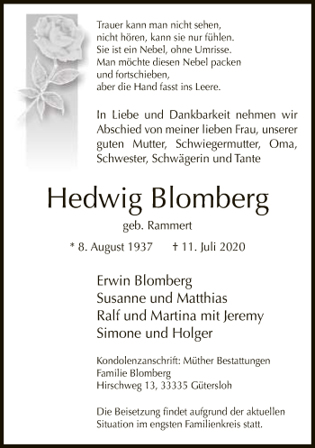 Traueranzeige von Hedwig Blomberg von Neue Westfälische