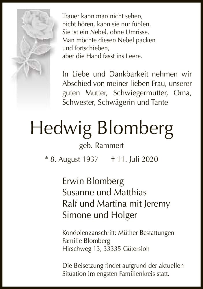  Traueranzeige für Hedwig Blomberg vom 14.07.2020 aus Neue Westfälische