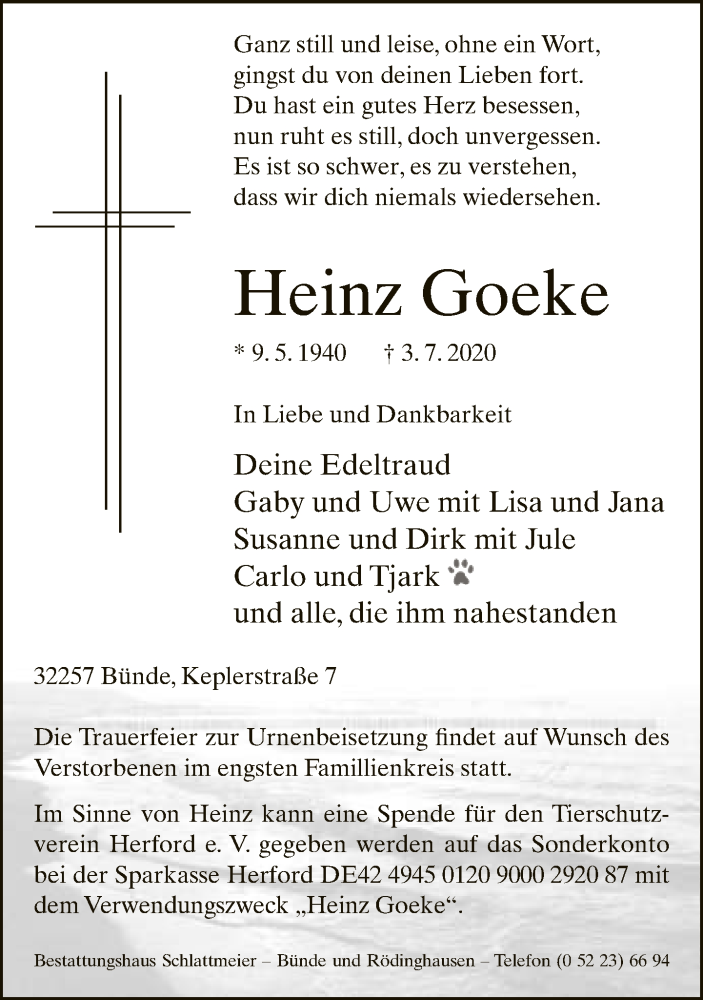  Traueranzeige für Heinz Goeke vom 11.07.2020 aus Neue Westfälische