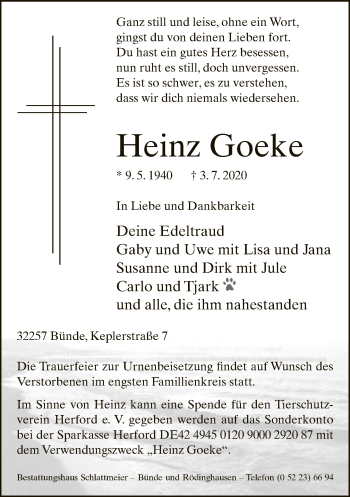 Traueranzeige von Heinz Goeke von Neue Westfälische