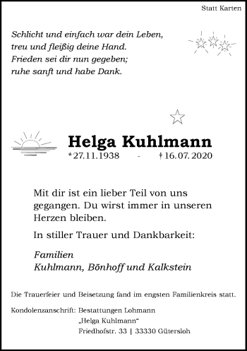 Traueranzeige von Helga Kuhlmann von Neue Westfälische