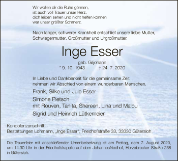 Traueranzeige von Inge Esser von Neue Westfälische