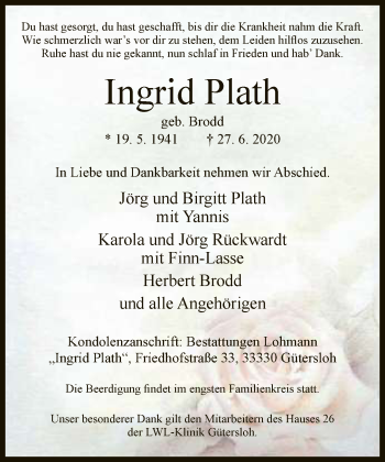 Traueranzeige von Ingrid Plath von Neue Westfälische