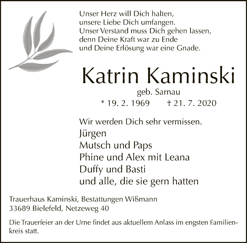  Traueranzeige für Katrin Kaminski vom 25.07.2020 aus Neue Westfälische