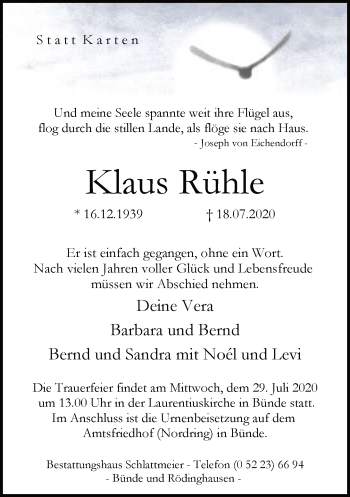 Traueranzeige von Klaus Rühle von Neue Westfälische