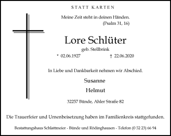 Traueranzeige von Lore Schlüter von Neue Westfälische