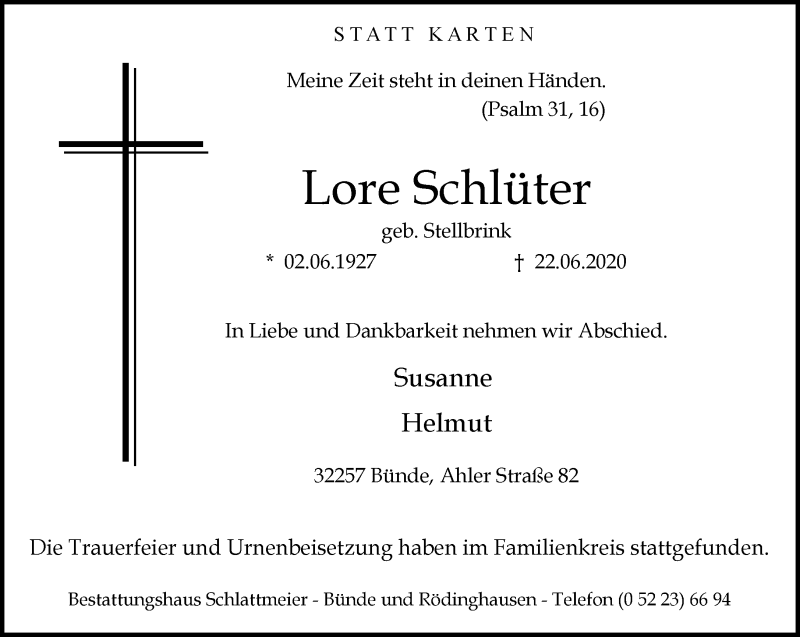  Traueranzeige für Lore Schlüter vom 04.07.2020 aus Neue Westfälische
