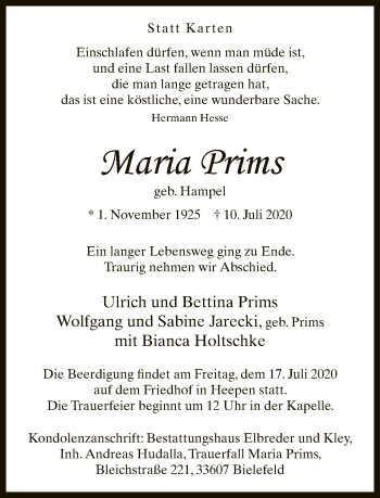 Traueranzeige von Maria Prims von Neue Westfälische