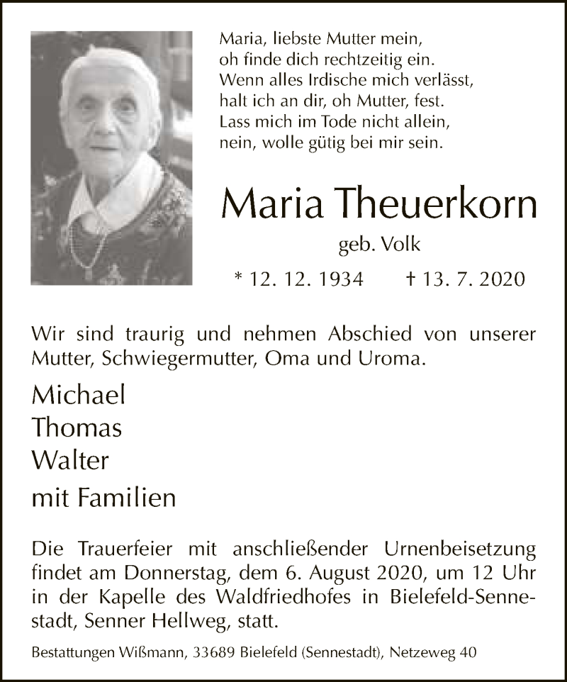  Traueranzeige für Maria Theuerkorn vom 18.07.2020 aus Neue Westfälische