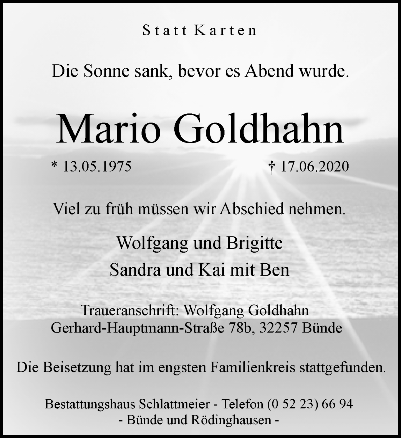  Traueranzeige für Mario Goldhahn vom 18.07.2020 aus Neue Westfälische