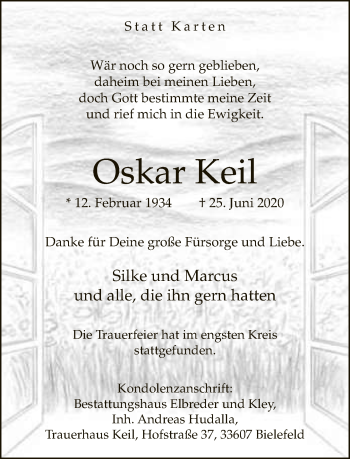 Traueranzeige von Oskar Keil von Neue Westfälische