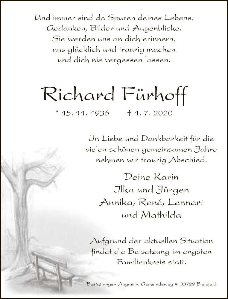  Traueranzeige für Richard Fürhoff vom 11.07.2020 aus Neue Westfälische
