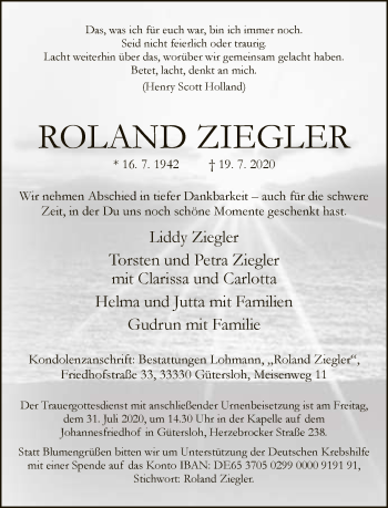 Traueranzeige von Roland Ziegler von Neue Westfälische