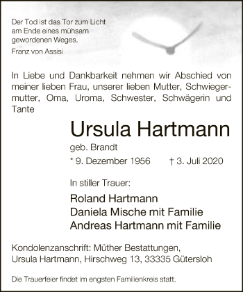Traueranzeige von Ursula Hartmann von Neue Westfälische