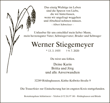 Traueranzeige von Werner Stiegemeyer von Neue Westfälische