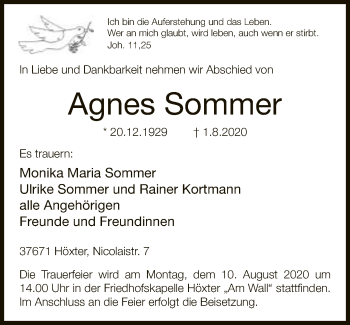 Traueranzeige von Agnes Sommer von Neue Westfälische