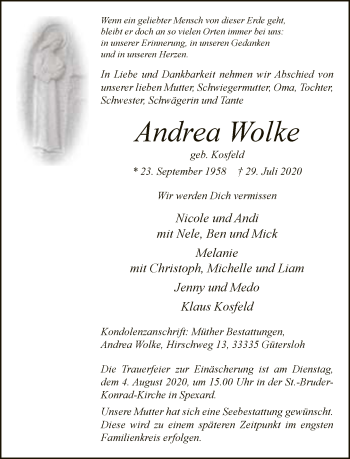 Traueranzeige von Andrea Wolke von Neue Westfälische