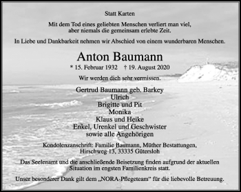 Traueranzeige von Anton Baumann von Neue Westfälische