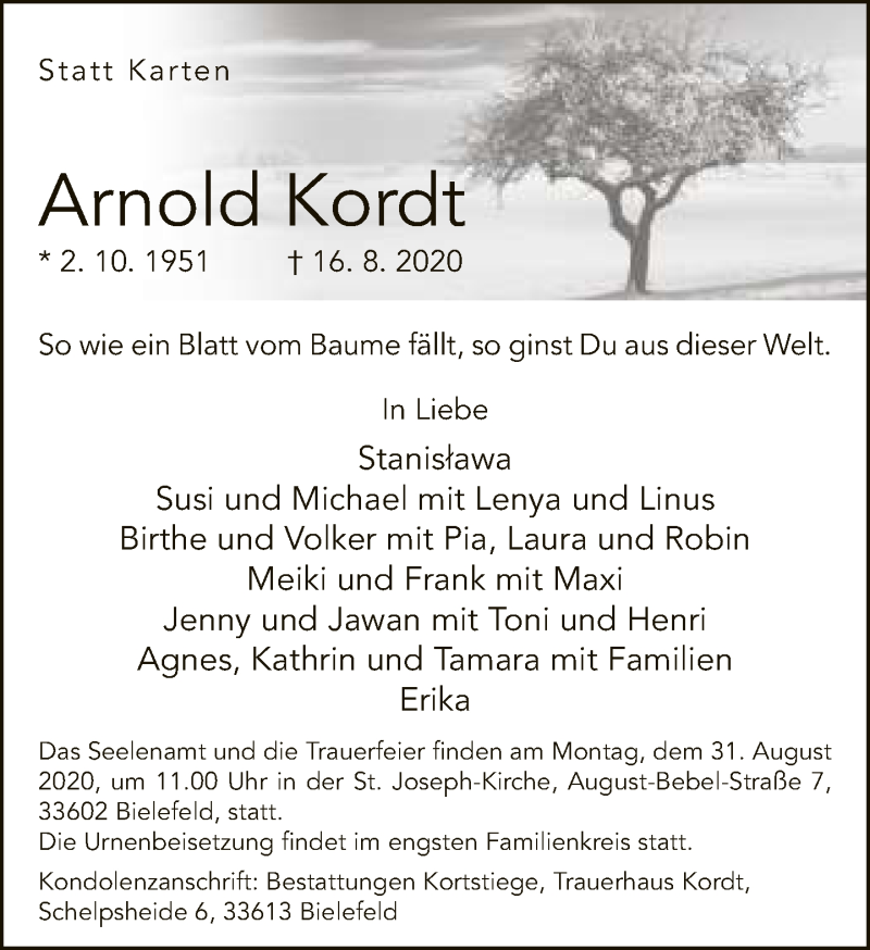  Traueranzeige für Arnold Kordt vom 22.08.2020 aus Neue Westfälische