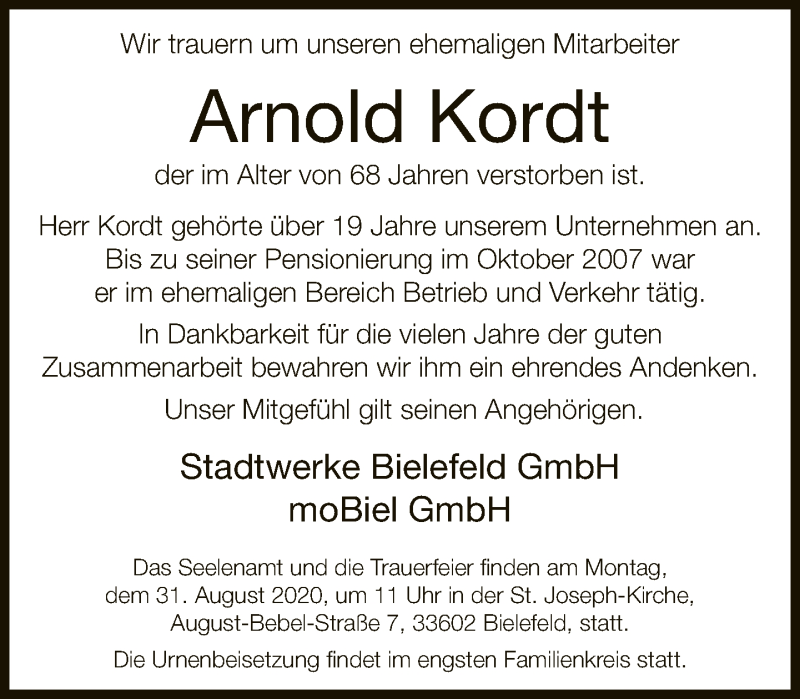  Traueranzeige für Arnold Kordt vom 22.08.2020 aus Neue Westfälische