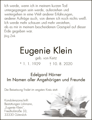 Traueranzeige von Eugenie Klein von Neue Westfälische
